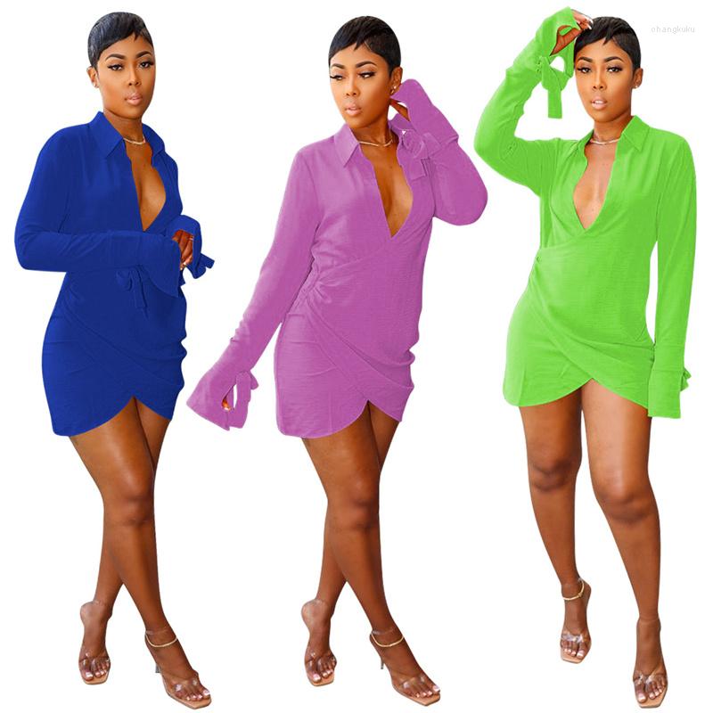 

Casual Dresses Ladies Spring And Summer Professional Fashion Commuter Dress Solid Color Trumpet Sleeve Lapel Close-fitting, Blue