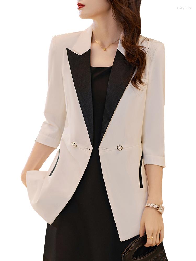 

Women' Suits Summer Spring Fashion Women Blazer Ladies Black White Stripe Single Button Half Sleeve Female Formal Jacket Coat, White blazer