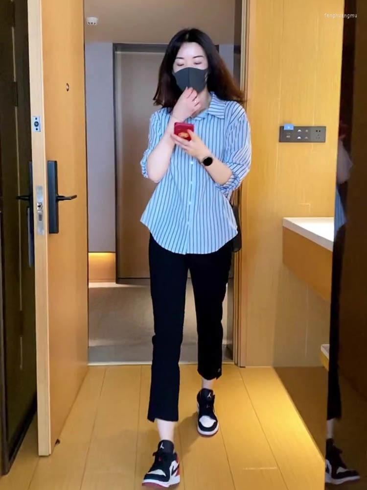 

Women's Blouses Korean Fashion Striped Shirts And Women's Summer Elegant Youth Woman Long Sleeve Blouse Street Office Top, Blue striped shirt
