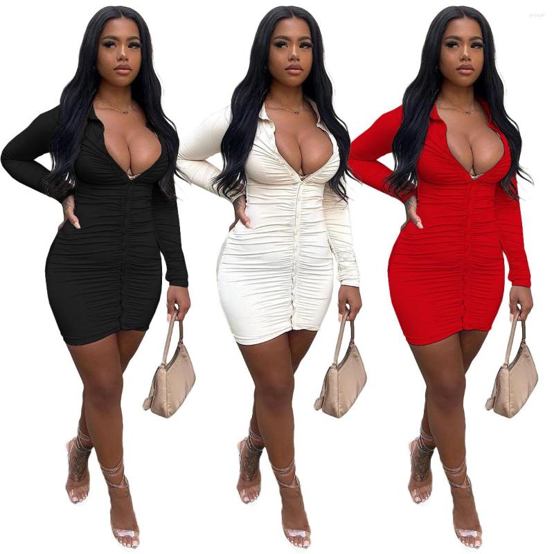 

Casual Dresses Elegant Pleated Single-breasted Cardigan Dress Fall Clothes For Women Sexy V Neck Ruched Solid Bodycon Mini Club Party, Black dress