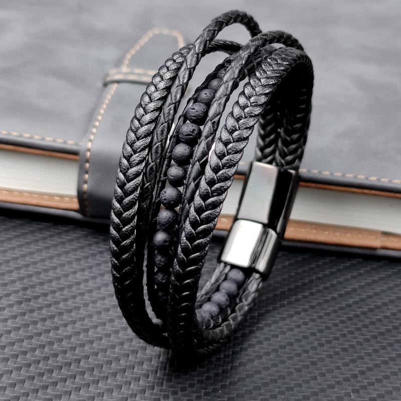 

Charm Bracelets Fundy Genuine Leather Men Natural Volcanic Stone Beads Stainless Steel Multilayer Braided Rope Bracelet Male BraceletCharm