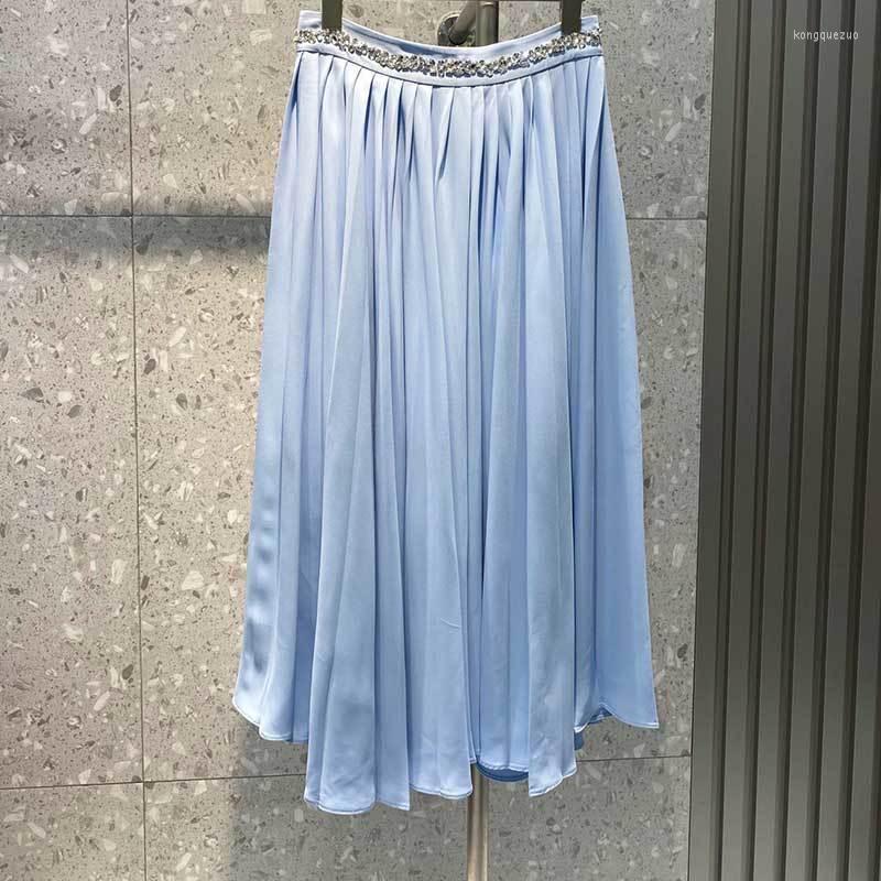 

Skirts 23Fashion Blue Pleated Runway Simple Elegant High Waist Diamond Design Back Zipper Women Top Quality Clothes