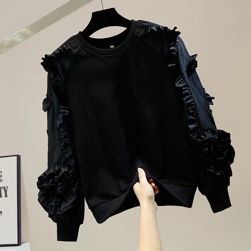 

Women' Hoodies & Sweatshirts Sweet Ruched Patchwork Crewneck Three-dimensional Flower Decoration Long Sleeve Hoodie Design Solid Fal, Black