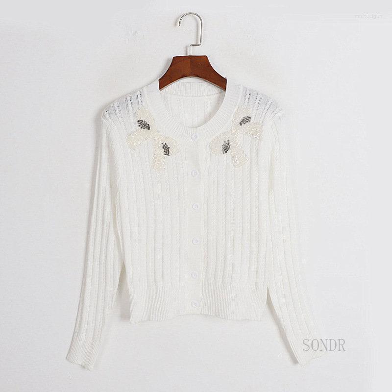

Women's Knits White Cardigan 2023 Crewneck Knitwear Wholesale Early Spring And Autumn Niche Bow Beaded Single-breasted Ice Silk, Black