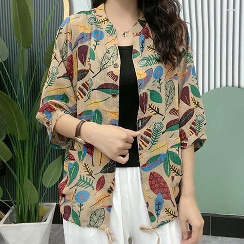 

Women's Blouses Casual 3/4 Sleeve Floral Printed Blouse Spring Summer Loose Stand Collar Vintage Drawstring Female Single-breasted Pockets, Clover