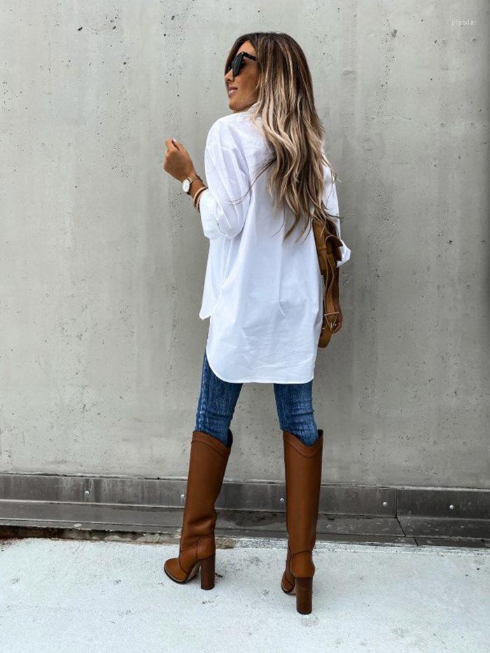 

Women' Blouses Women Shirts 2023 Spring White Black Loose Lady Long Sleeve Shirt Two Pockets Top Fashion Casual Turn-down Collar Blouse