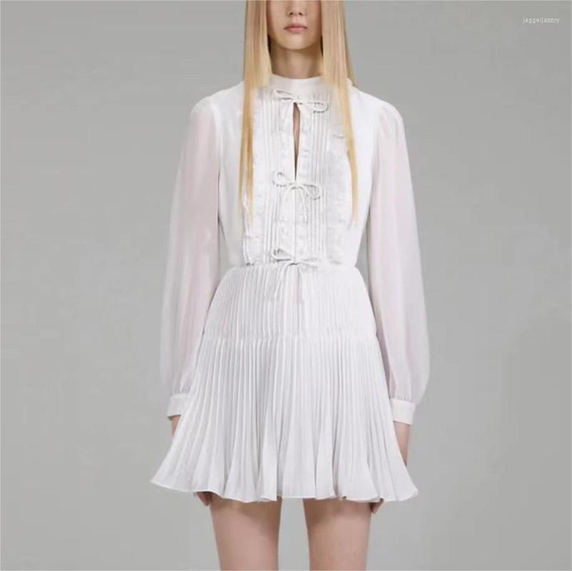 

Casual Dresses Women White Pleated Dress Celebrity Diamond Bow Button Fairy