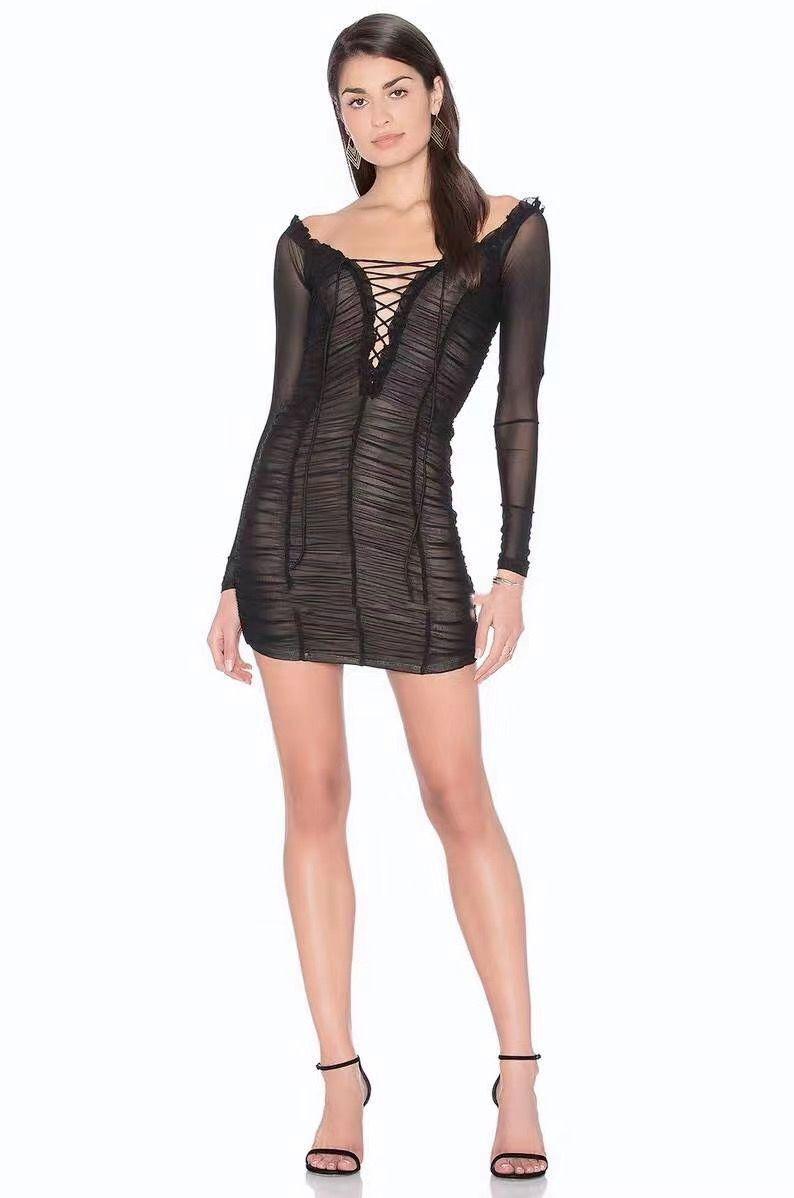 

Casual Dresses KLEEZY 2023 Summer Women's Sexy Long Sleeve Bodycon Slash Neck Mini Dress Nightclub Party Wearing 2646, Pink