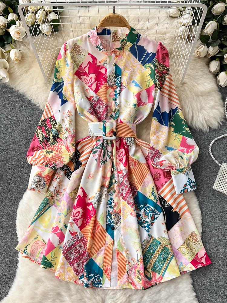 

Casual Dresses Women Print Dress Spring Summer 2023 Arrivals Temperament Fashion Belt Lantern Long-sleeved Stand Neck Shirt YQ021