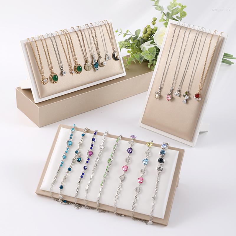 

Jewelry Pouches White PU Leather Necklace Pendant Jewellery Display Stand Bust Show Case Bracelet Holder Organizer Easel Presenting Rack