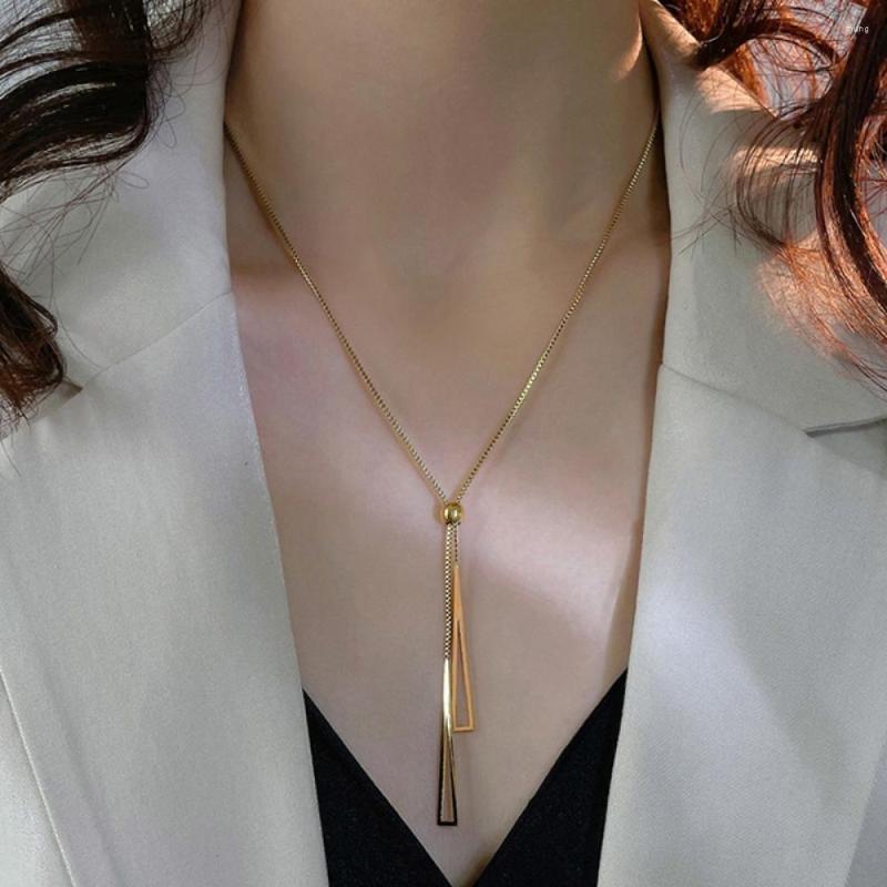

Pendant Necklaces Fashion Triangle Long Tassel Stainless Steel Necklace For Women Girl Elegant Temperament Female Clavicle Chain Jewelry