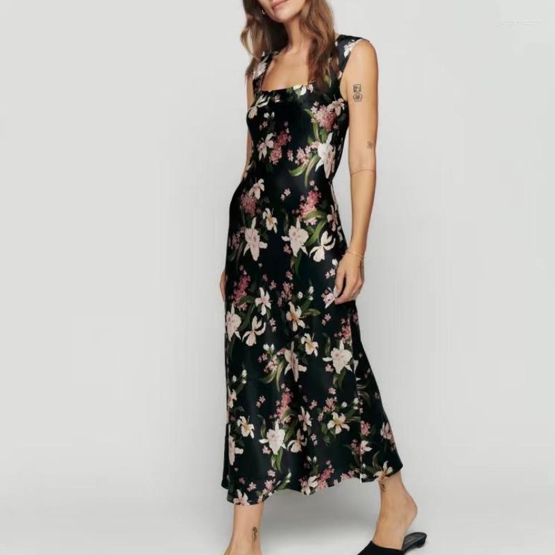 

Casual Dresses Silk Women Vintage Flower Print Midi Sling Dress, Black