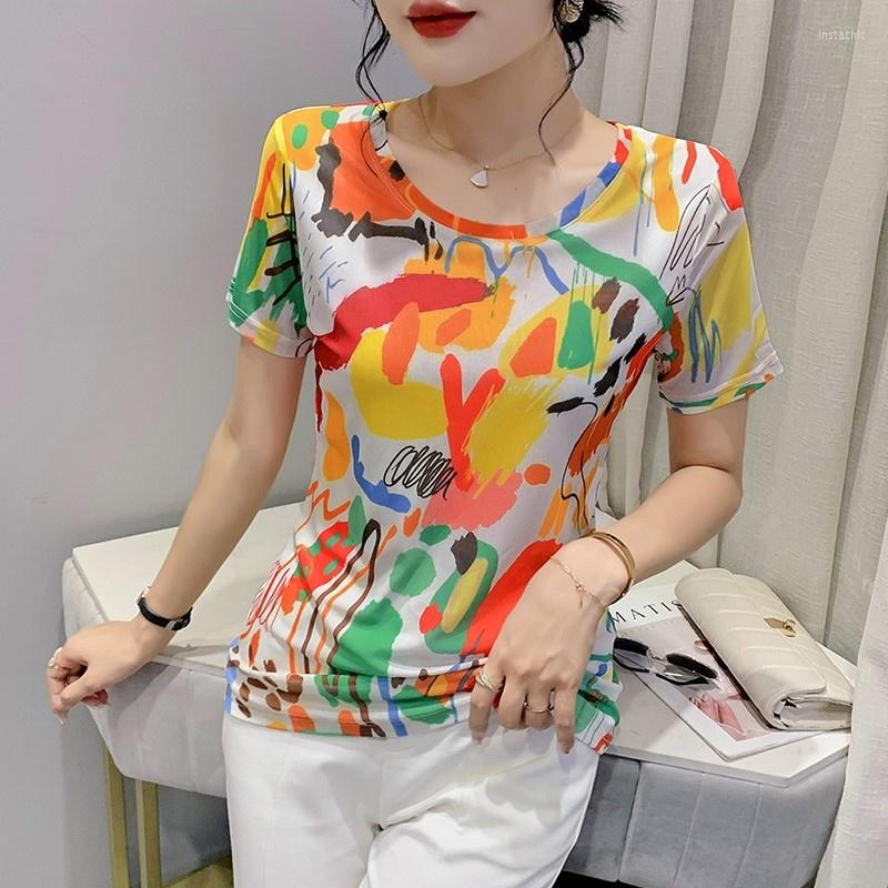 

Women' T Shirts Summer Graffiti Printed Shirt Women O-neck Sexy Tight Femme Short Sleeve Thin Korean Style T-shirt Elastic, Picture color