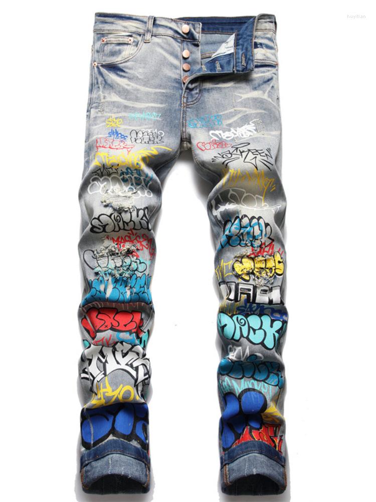 

Men's Jeans Letter Graffiti Printed Denim Pants Mens Punk Bottons Biker Streetwear Slim Fit Hip Hop Casual Y2k Joggers, Multi