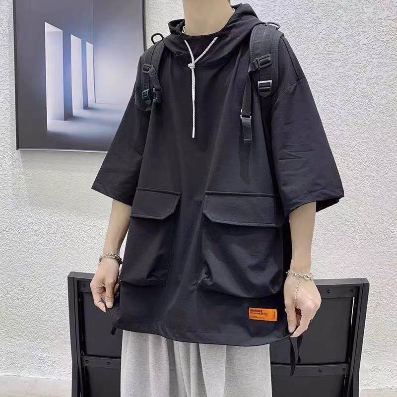 

Men's T Shirts Punk Oversized T-shirt Men's Summer / Autumn Hooded Short Sleeve Fashion Korean Student Loose, Black