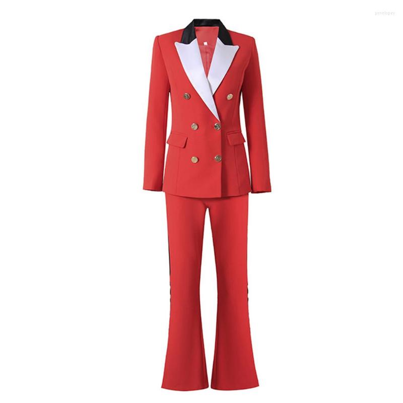 

Women' Two Piece Pants Fashion Designed Patchwork Neck Casual 2 Pieces Sets For Women Red Double-breasted Business Suits