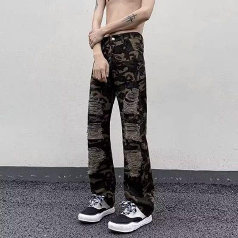 

Men' Jeans Camouflage Hole Men Y2K Streetwear High Street Hiphop Straight Ripped Summer Punk Rock Pants Casual Denim Trousers, Black