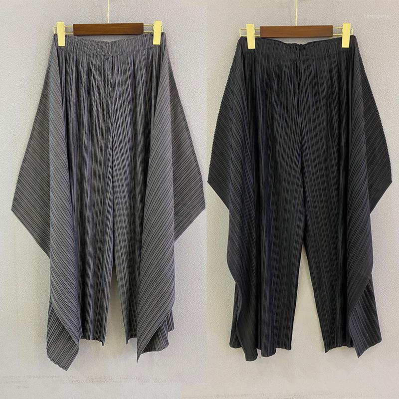 

Women's Pants Miyake Pleated Spring And Summer Design Kelp High Waist Drape Wide Leg Nine Points Casual, Picture color