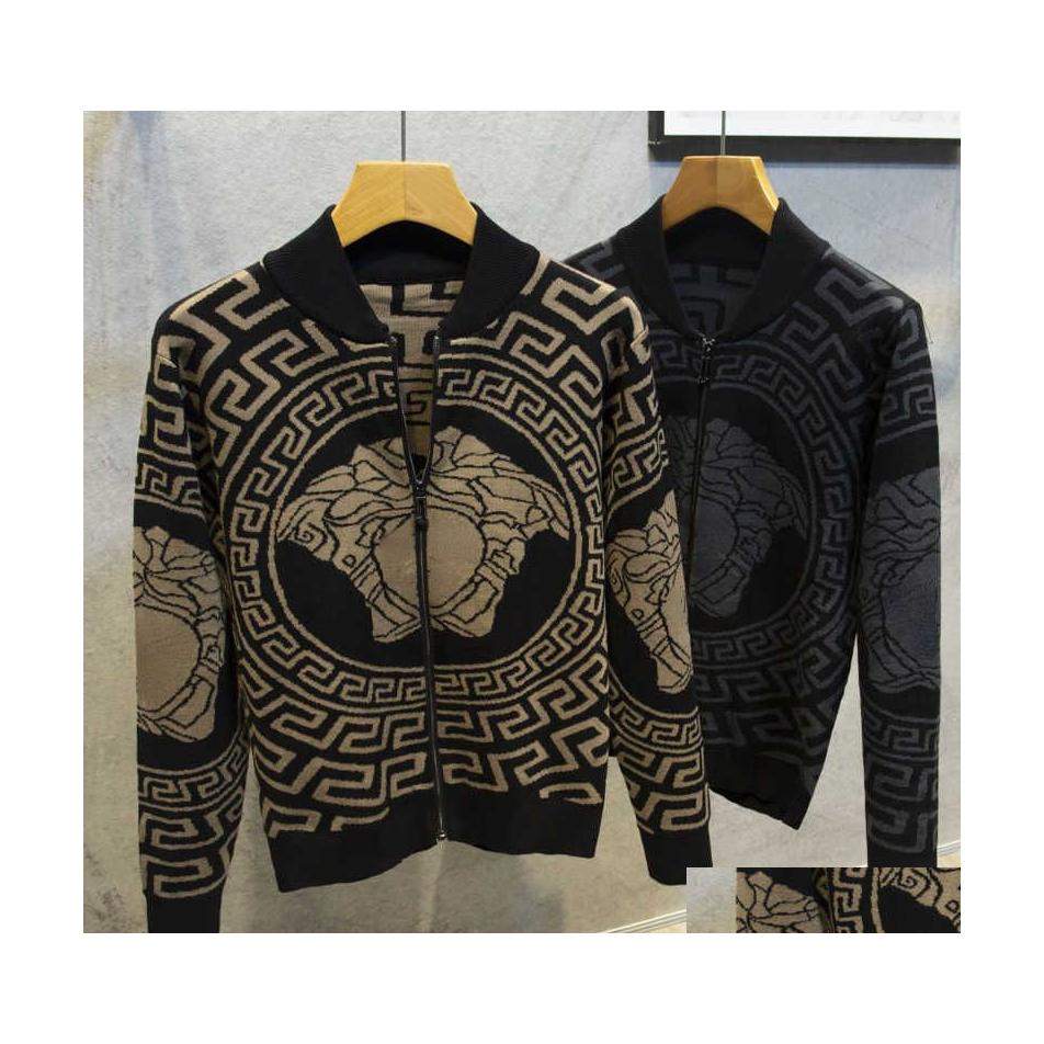 

Men'S Jackets Autumn Winter Designer Jacket Thick Jacquard Cardigan Coat Stand Collar Men Women Knitted Sweater Zipper Handsome Knit Otfmh, Apricot