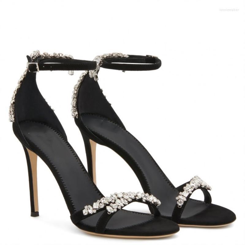 

Sandals Back Bling Crystal Peep Toe High Heels Black Suede Cross Strap Rhinestone Embelished Banquet Dress Shoes, 10cm