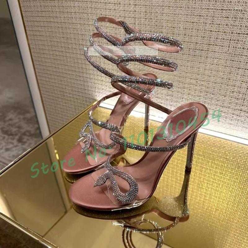 

Sandals Crystal Snake Wrap PVC Women Sparkly Colorful Rhinestones Clear Upper Shoes Lady Luxury Pinkish Gray Cross Strap, Pinkish grey