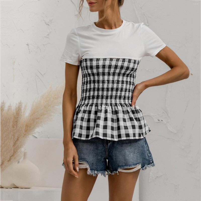 

Women' T Shirts Women' Petal Short Sleeve Shirt Patchwork Grid Blouses For Women V Neck Layering Tees Black Sleeved Tops