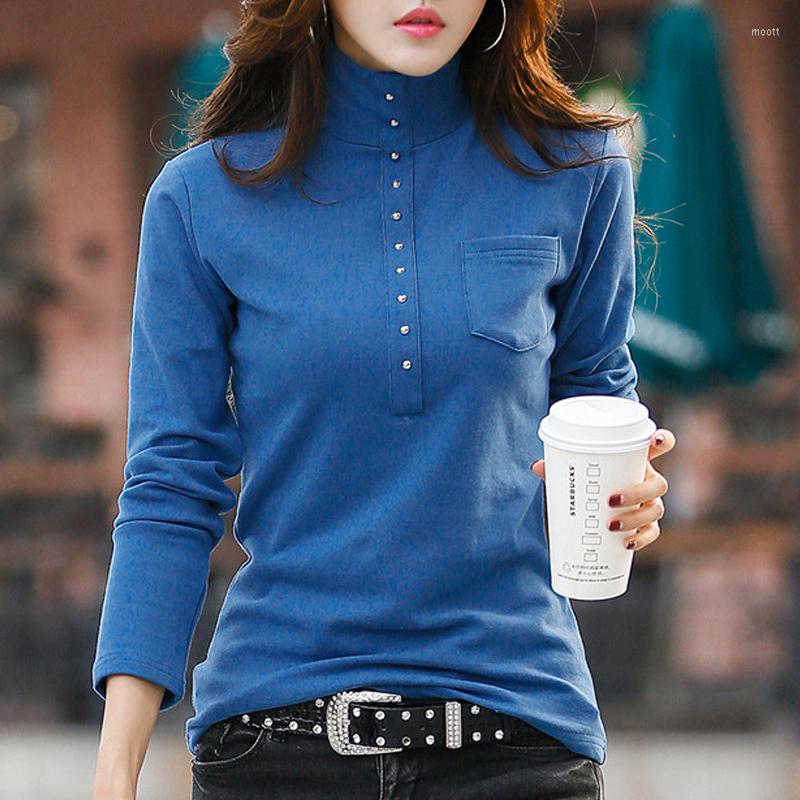 

Women' T Shirts HI-FASHION Women Cotton White Autumn Korean Fashion Slim Clothes Rivet Long Sleeve Turtleneck Tshirt Female Winter Top, Black