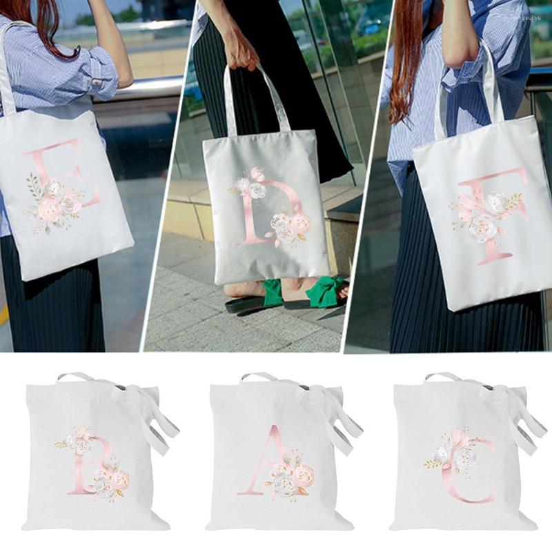 

Shopping Bags Women Bag Pink Flower Letter Series Handbag Foldable Reusable Cloth Shopper Harajuku Style Student Canvas Tote, Pink flower d