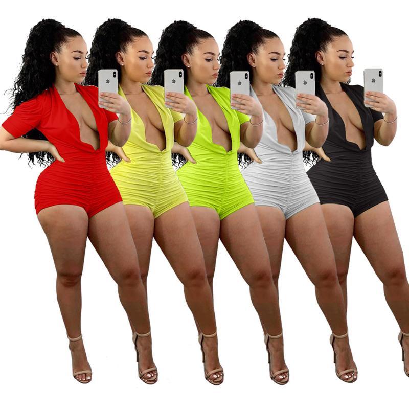 

Women's Jumpsuits & Rompers Neon Ruched Women One Piece Playsuit Sexy Deep V Neck Short Puff Sleeve Skinny Overalls 2023 Summer Party Club B, Yellow