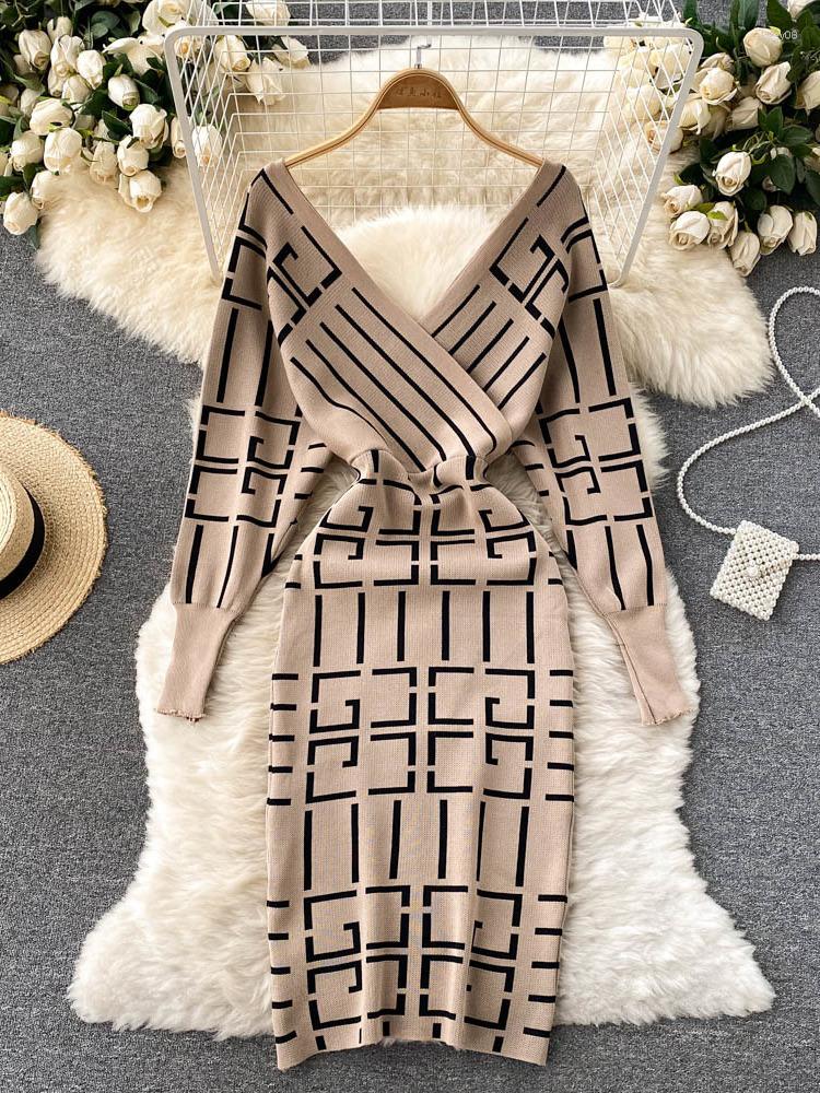 

Casual Dresses Spring Autumn Women Knitted Dress Brand Design Sexy V-neck Geometric Bodycon Sweater Elegant Office Ladies 2023, Black