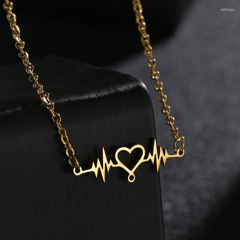 

Pendant Necklaces ECG Titanium Steel Heart Necklace Frame Rate Pattern Heartbeat Golden Plated Chain Stainless Jewelry Woman
