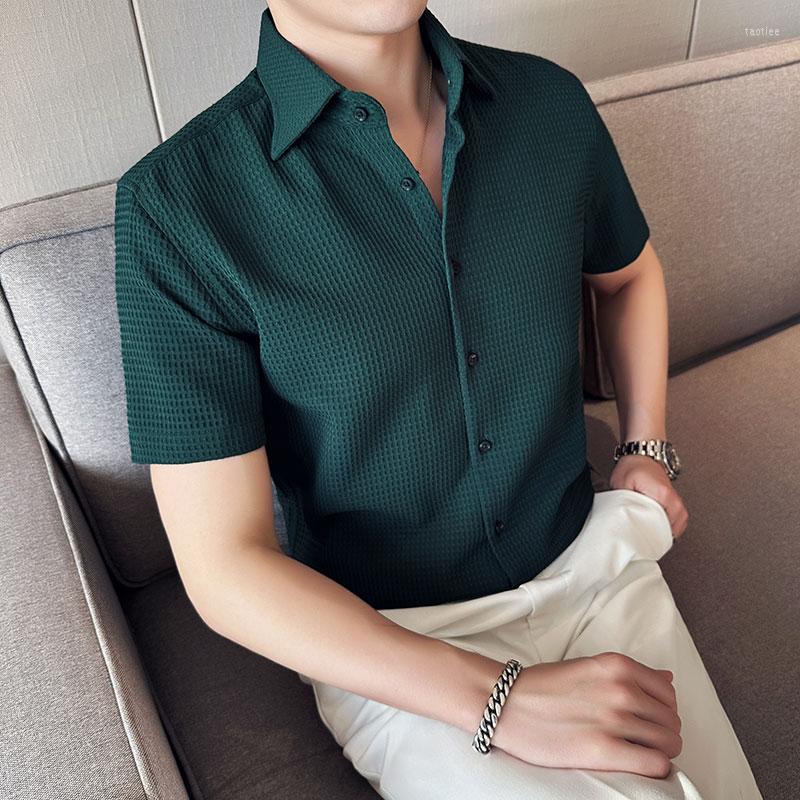 

Men's Casual Shirts 2023 Summer Waffle Short Sleeve Plaid Fashion Men Business Formal Social Dress Blouse Tuxedo Plus Size 4XL-S, Green