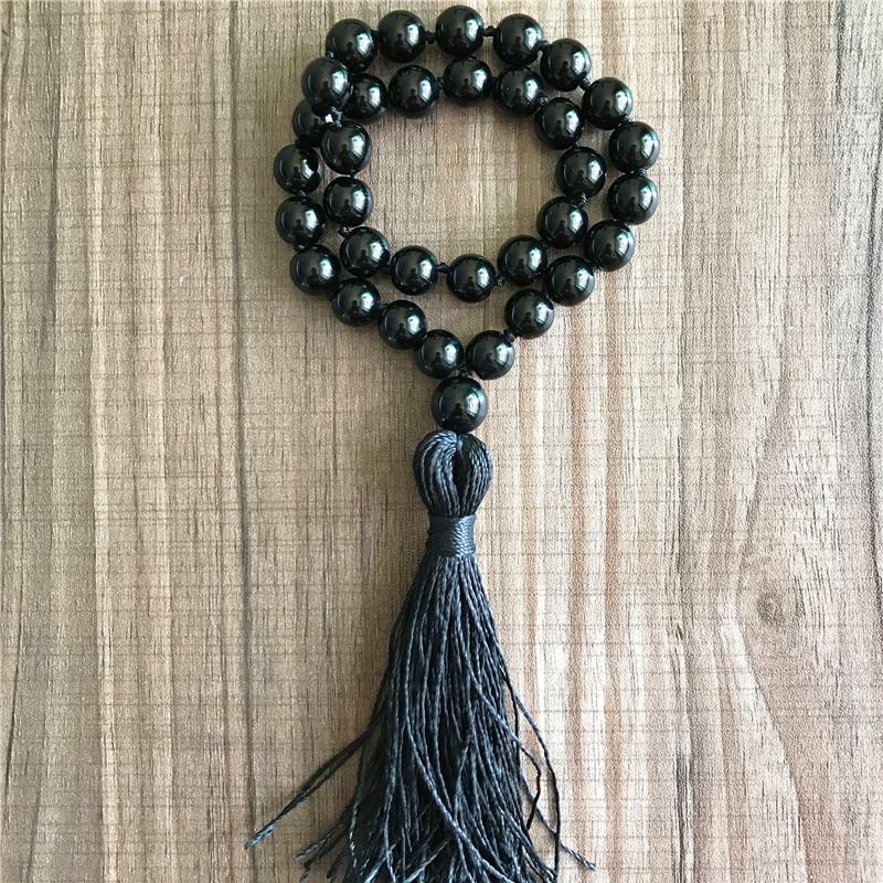 

Charm Bracelets Natural 10MM Black Onyx Bracelet 33 Mala Beads Hand Knotted Men's Jewelry Silk Tassel Yoga