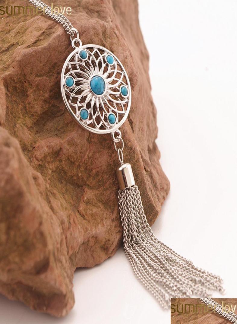 

Pendant Necklaces Fashion Boho Dream Catcher Necklaces Hollow Net Tassel Long Pendant Dangle Sweater Turquoise Bead Necklace For W4372719