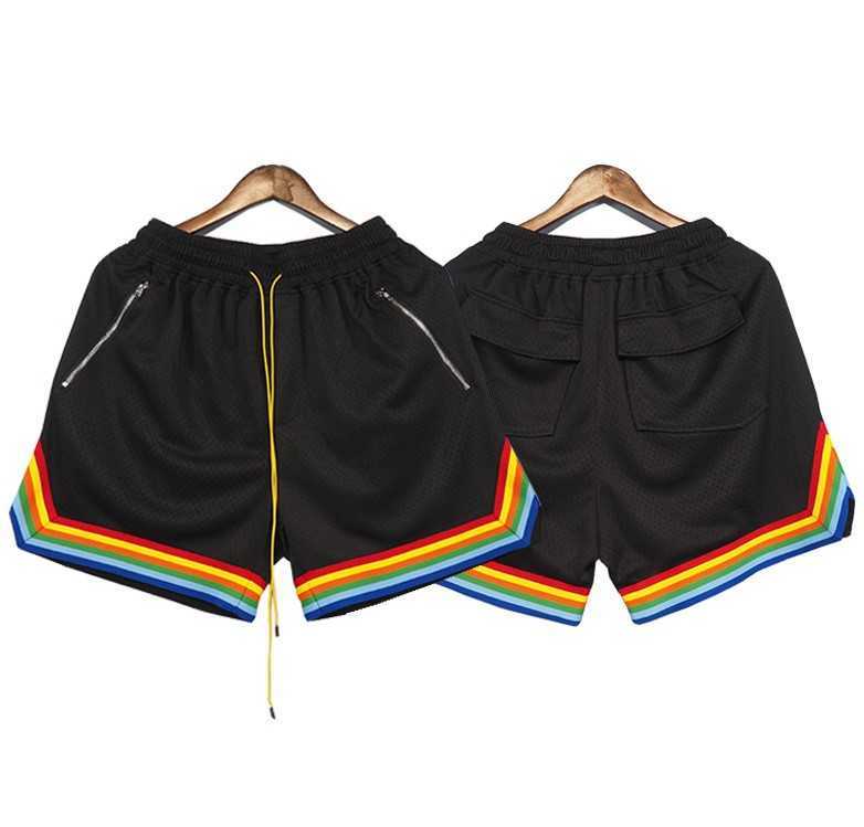 

High Street Rhude Shorts Mesh Fabric Rainbow Sports Casual Capris Men' and Women' Loose Basketball Pants Tide, Black