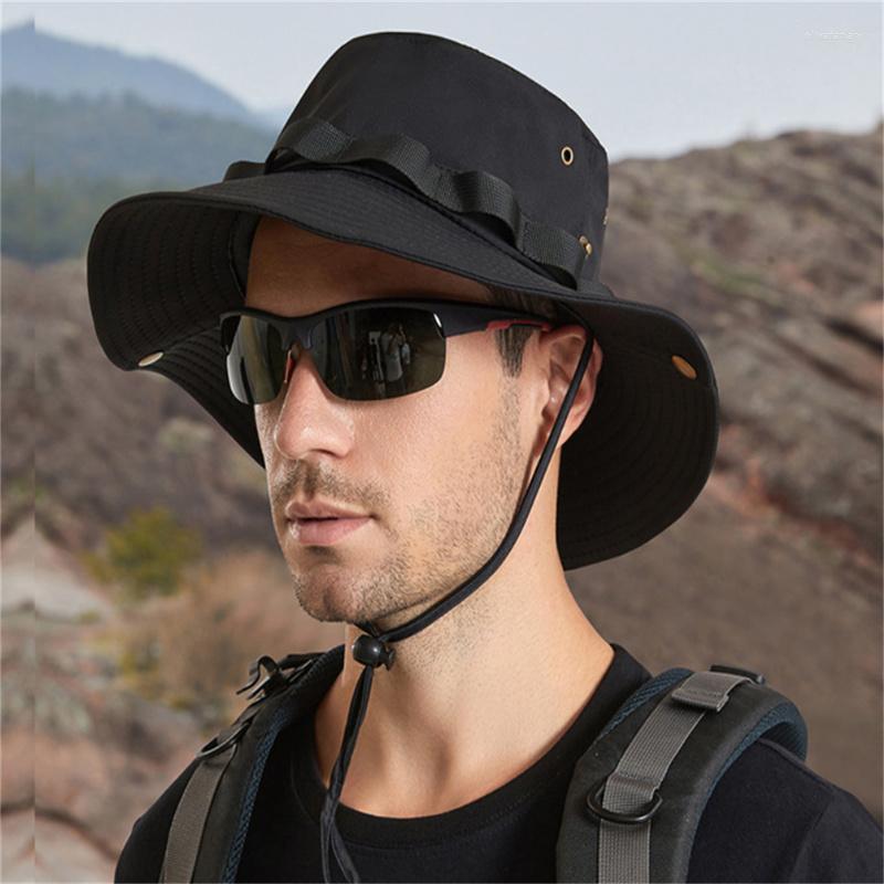 

Berets Summer Bucket Hat For Men Pleated Ribbon Design Breathable Big Brim Versatile Sun UV Protection Camping Fishing Basin Cap, Grey
