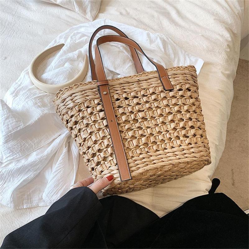 

Evening Bags Straw Woven Tote For Women Vintage Large Capacity Handbags Rattan Fashion Summer Beach Basket Shoulder Shopping, Beige