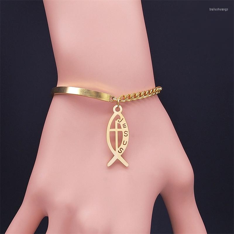 

Charm Bracelets Stainless Steel Christian Fish Cross Jesus For Women Gold Color Bangle Jewelry Braccialetti Donna B1044S05