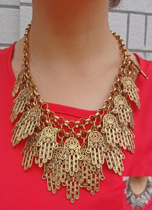

Protection Luck Gift Evil Eye Hamsa Hand Fatima Tassel Statement Necklace Jewelry1840041