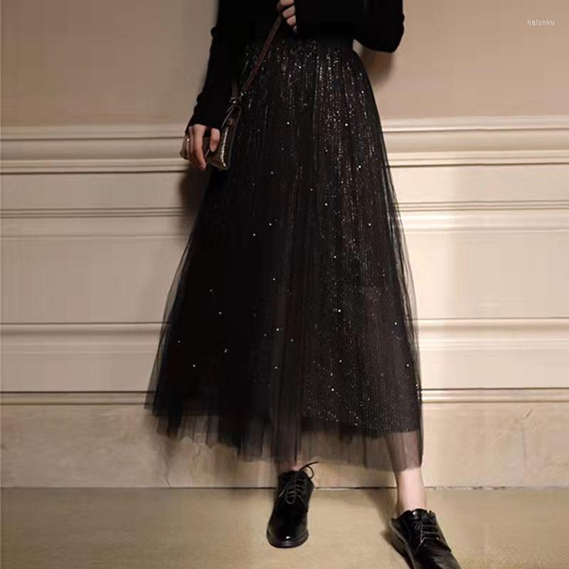 

Skirts Long Black A-line Mesh Skirt Fashion Tutu Gauzy Woman Mujer Faldas Saias Mulher Clothing Elegant High Waist Q218