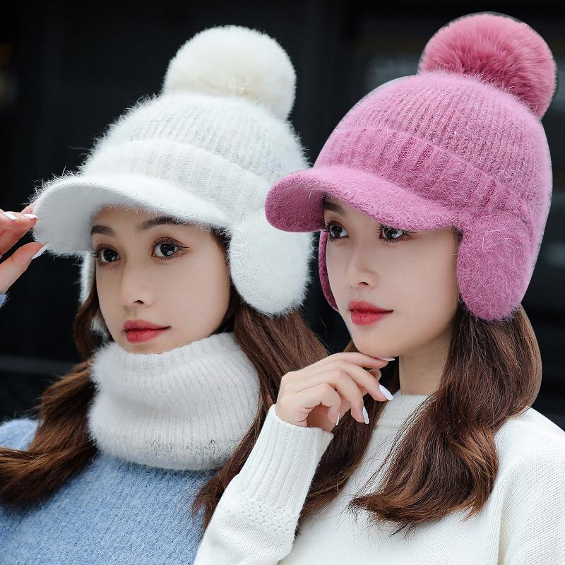 

Beanies Beanie/Skull Caps Faux Fur Winter Hats For Women Soft Thick Warm Windproof Scarf Knitted Female Casual Outdoor Riding Bonnet, Knitted hat