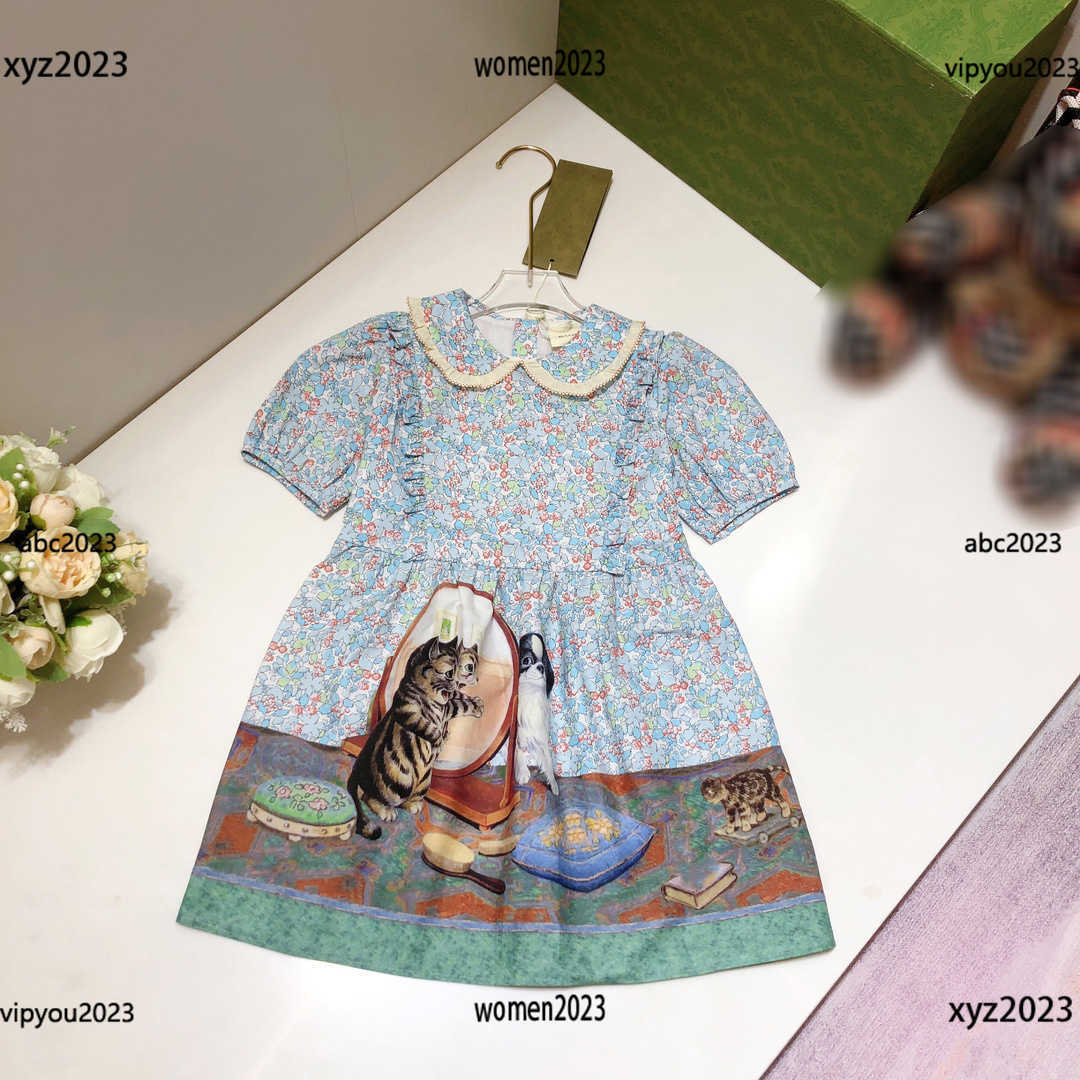 

kids designer clothes Girl Skirt Baby Summer dress New product Panel design lapel dress Cartoon cat print skirt New product, #1