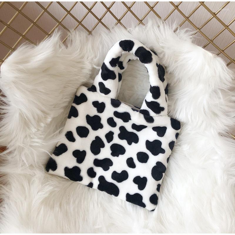 

Evening Bags Cow Pattern Women Shoulder Fashion Soft Plush Ladies Small Handbags Vintage Female Travel Casual Tote Girls Zipper Purse