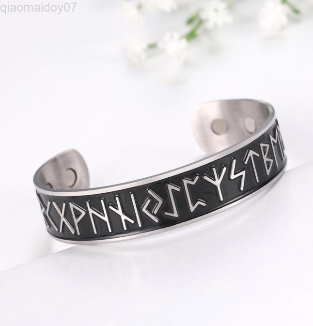 

Skyrim Stainless Steel Nordic Runes Viking Cuff Bangle Wicca Amulet Vintage Health Magnetic Bracelet Jewelry Gift For Men Women L27607079
