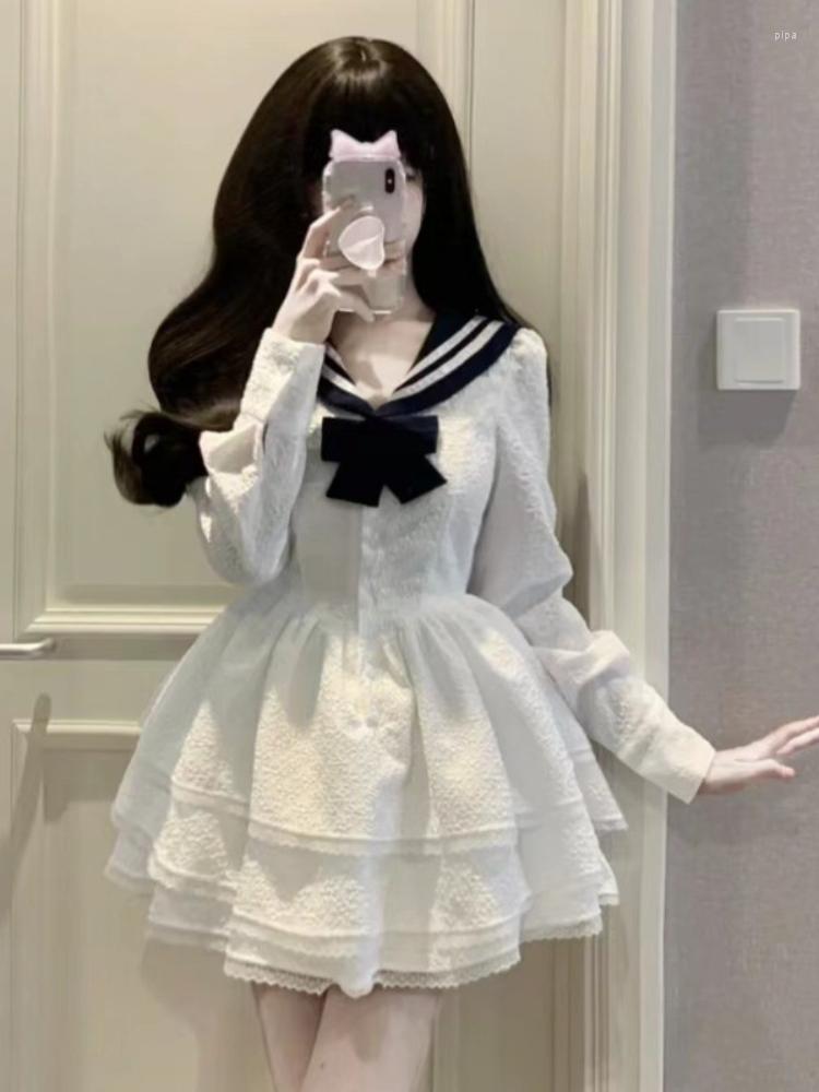 

Casual Dresses Xgoth Chic Poncho Dress Sweet Navy Collar Cake Skirt Girl Autumn Winter French Princess Long Sleeve Birthday For Women, White