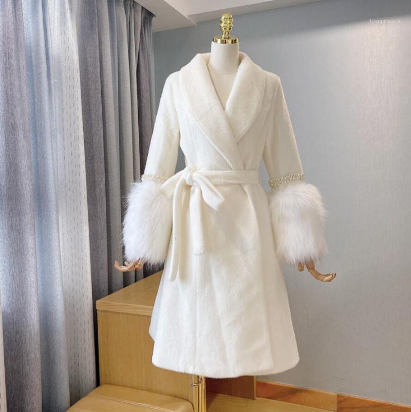 

Women' Wool Autumn Winter Water Mink Turn Down Collar Imitation Fur Sleeves Beaded Warm Coat With Belt S3851, White