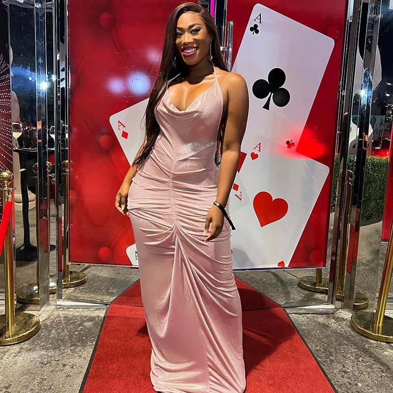 

Casual Dresses Sparkles Elegant For Women Sexy Backless Drawstring Draped Maxi Dress Gorgeous Evening Party Club Robe Vestido, Pink