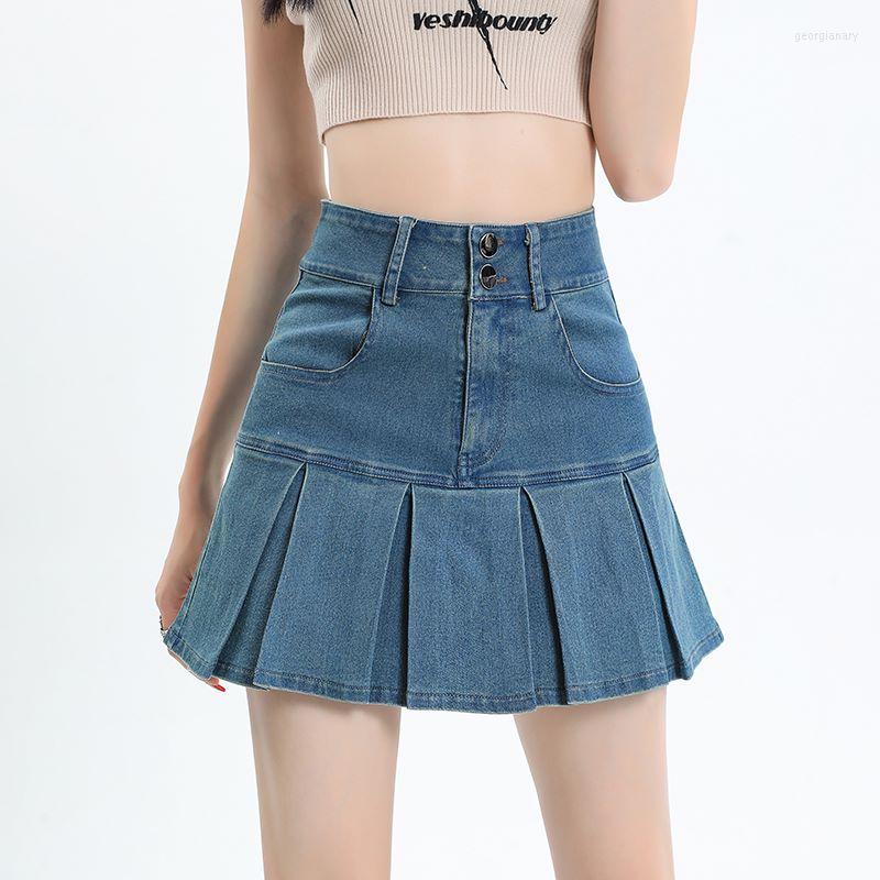 

Skirts Vintage Denim Pleated For Women High Waist Summer Mini Skirt Female Safe Shorts Jupe Casual Bottoms 1610, Blue