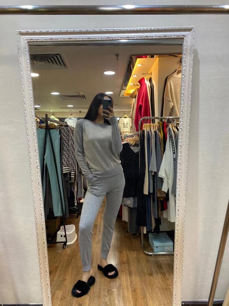 

Women' Two Piece Pants 2023 O-neck Wool Sale Knitted Two-piece Women' Color Matching Bright Line Pullover Sweater Casual Trousers, Beige