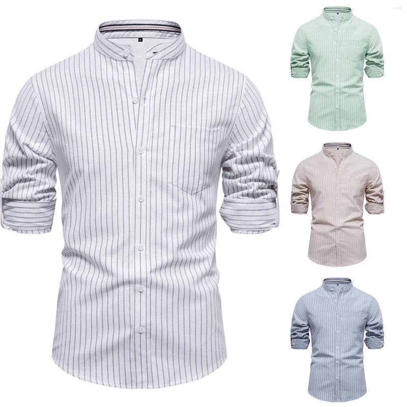 

Men's Casual Shirts Mens Slim Fitting Stand Collar Cotton Linen Fashion Business Stripe Long Sleeved Shirt Korean Breathable, Blue